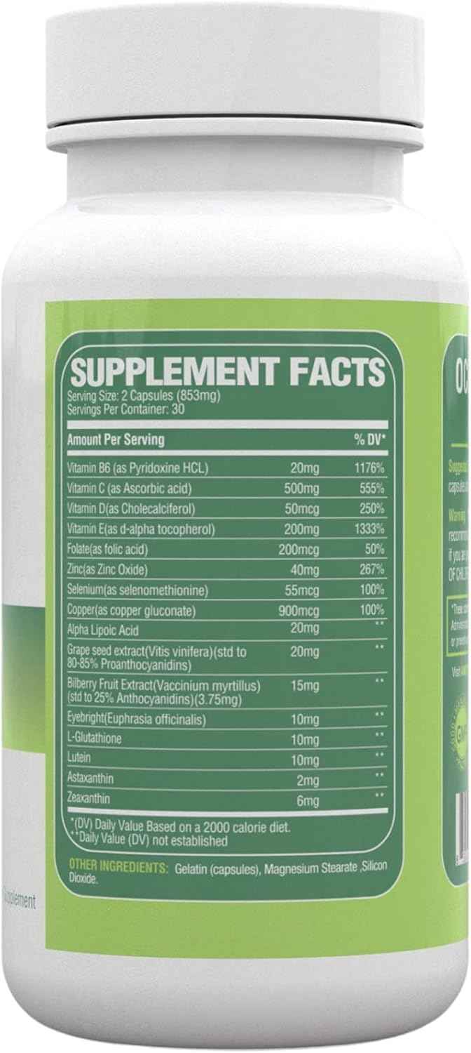 Heyedrate Ocular Health Formula - Complete Macula and Retina Support Areds 2 Formula Packed with Lutein, Zeaxanthin, and Astaxanthin (30 Day Supply)