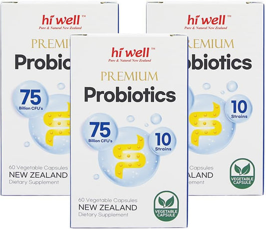 Hi Well Premium Probiotics 60 Vegetarian Capsules - Pure & Natural New Zealand Formula (Pack of 3)