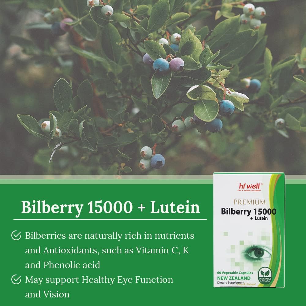 Hi Well Pure & Natural New Zealand Bilberry 15000 + Lutein Capsules (Pack of 2) - Premium Quality