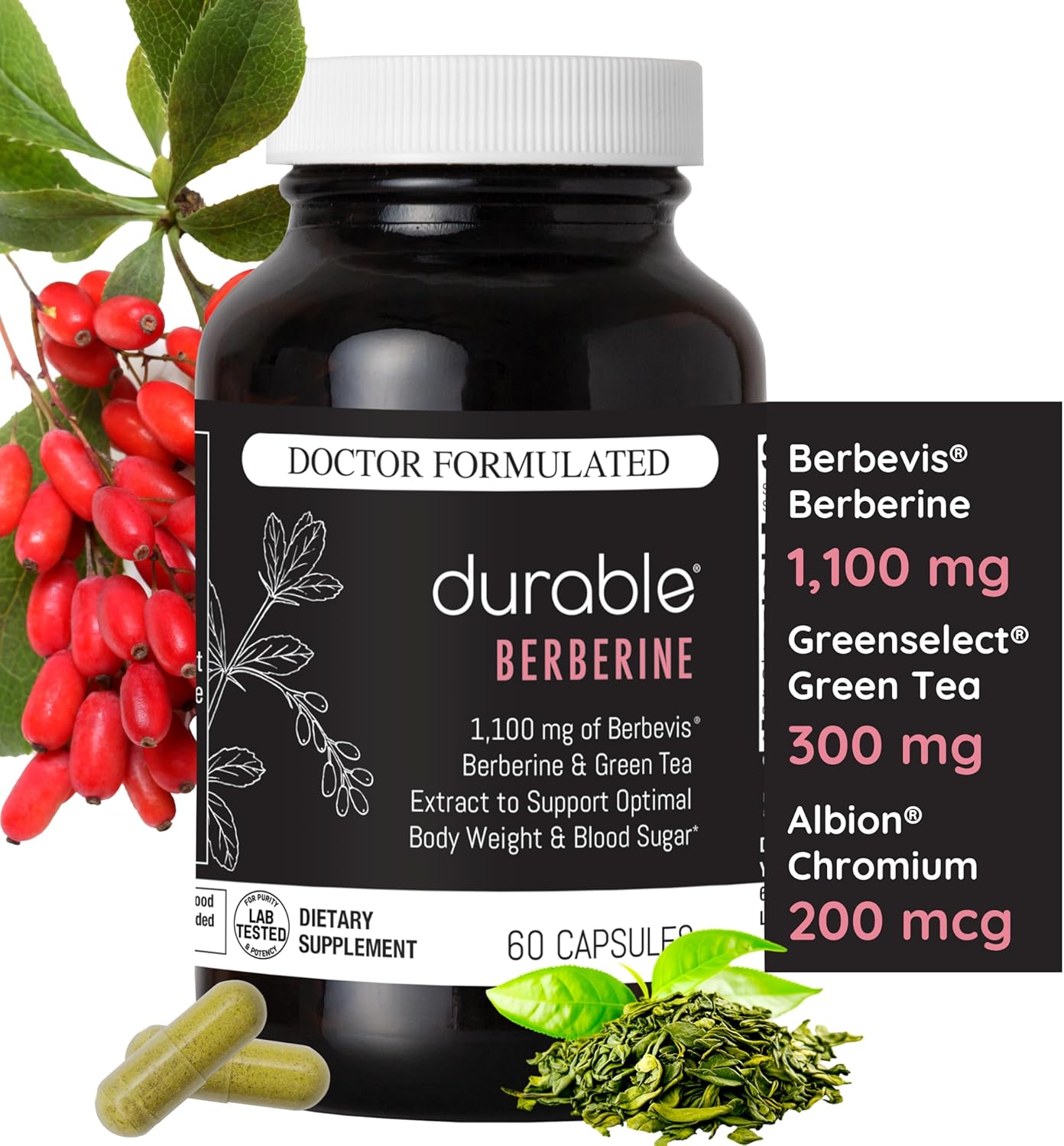 High Absorption 1,100mg Berberine Capsules for Weight & Metabolism - USA Made, 30 Day Supply
