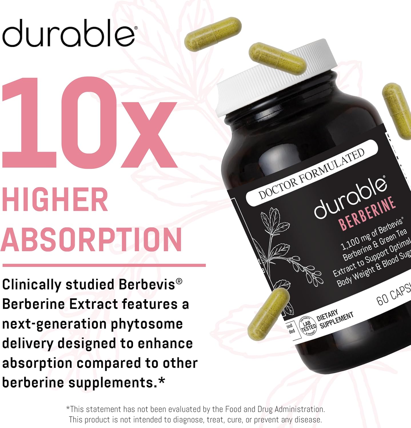 High Absorption 1,100mg Berberine Capsules for Weight & Metabolism - USA Made, 30 Day Supply