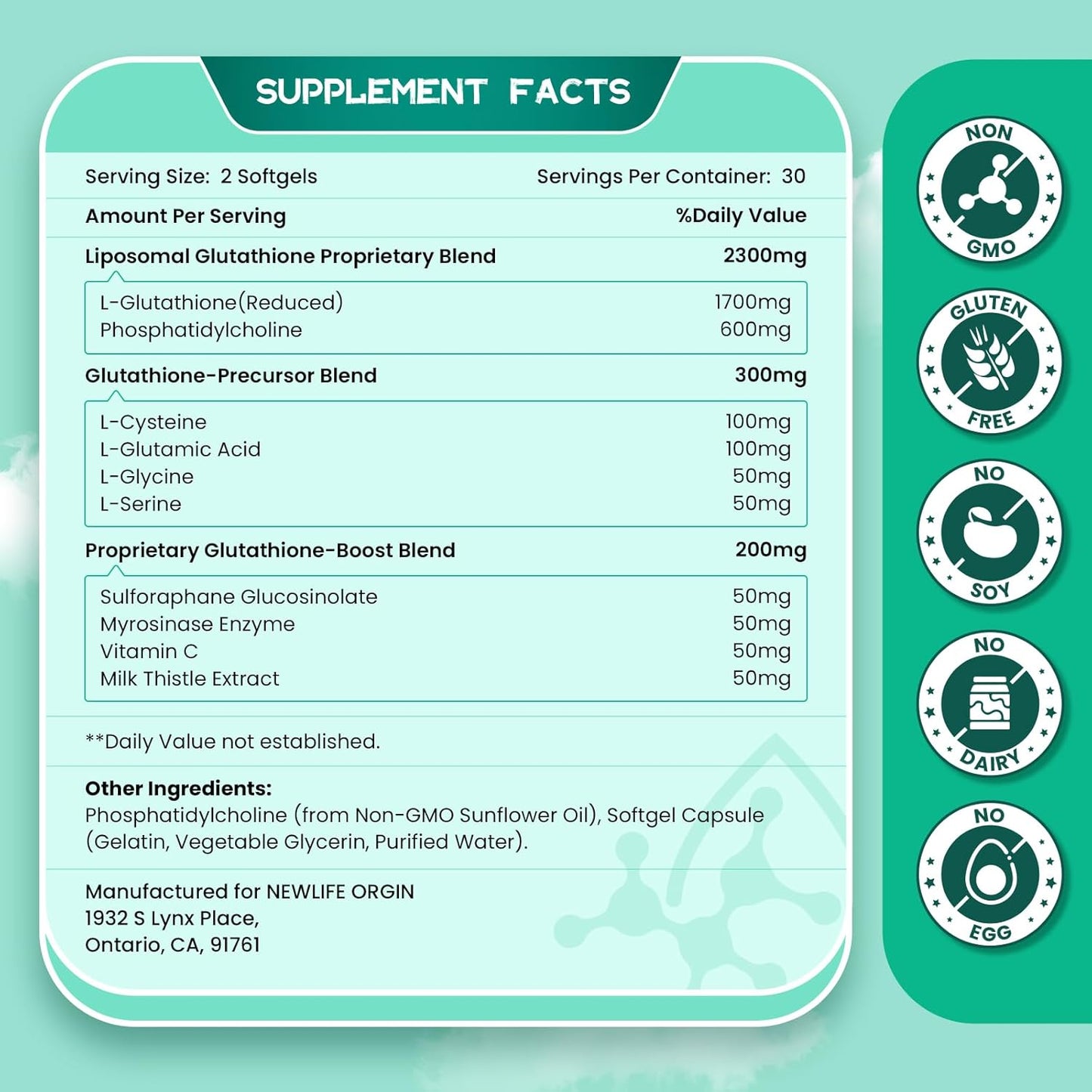 High Absorption 2800 MG Liposomal Glutathione Softgels, Active L Glutathione Reductase, Anti-Aging Antioxidant, 60 Softgels