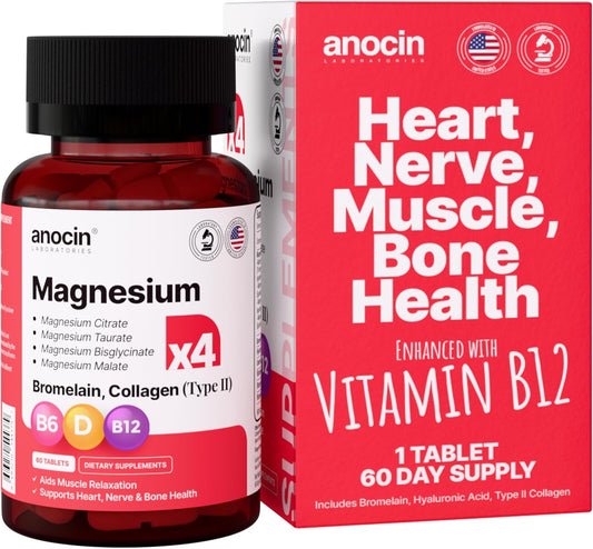 High Absorption 4X Magnesium Complex with Bisglycinate, B12, Citrate, Taurate, Malate, Bromelain, Collagen, and Hyaluronic Acid for Heart, Muscle, and Joint Support - 60-Day Supply
