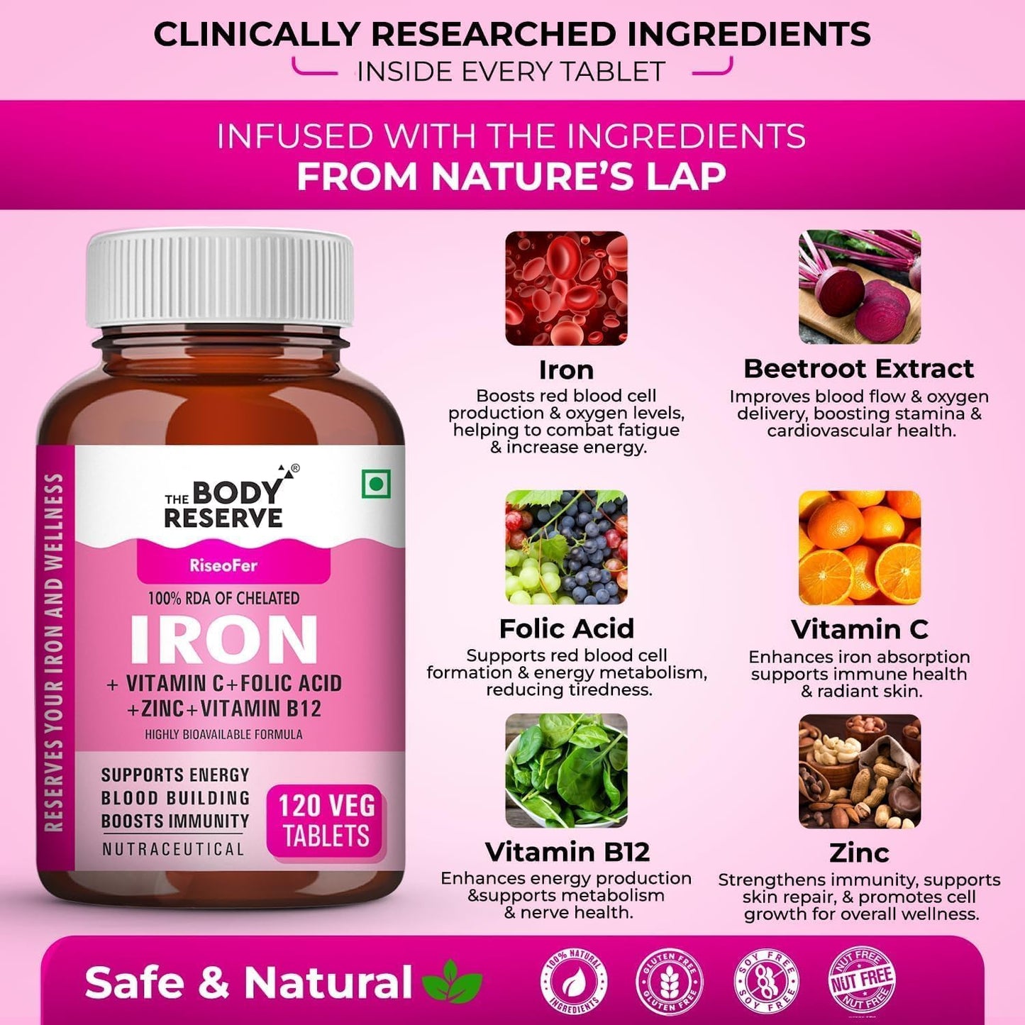 High Absorption Chelated Iron and Vitamin C Tablets with B12, Zinc, Folic Acid, Beetroot Extract - 120 Veg Tablets - Supports Blood Building, Energy, and Immunity - 100% RDA - Vegan Friendly