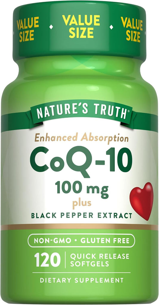 High Absorption CoQ10 100mg Softgels - 120 Count | Non-GMO & Gluten Free with Black Pepper Extract for Enhanced Absorption by Nature's Truth