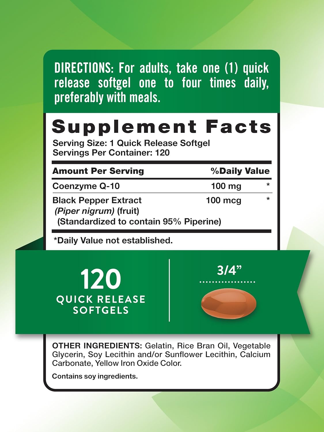 High Absorption CoQ10 100mg Softgels - 120 Count | Non-GMO & Gluten Free with Black Pepper Extract for Enhanced Absorption by Nature's Truth