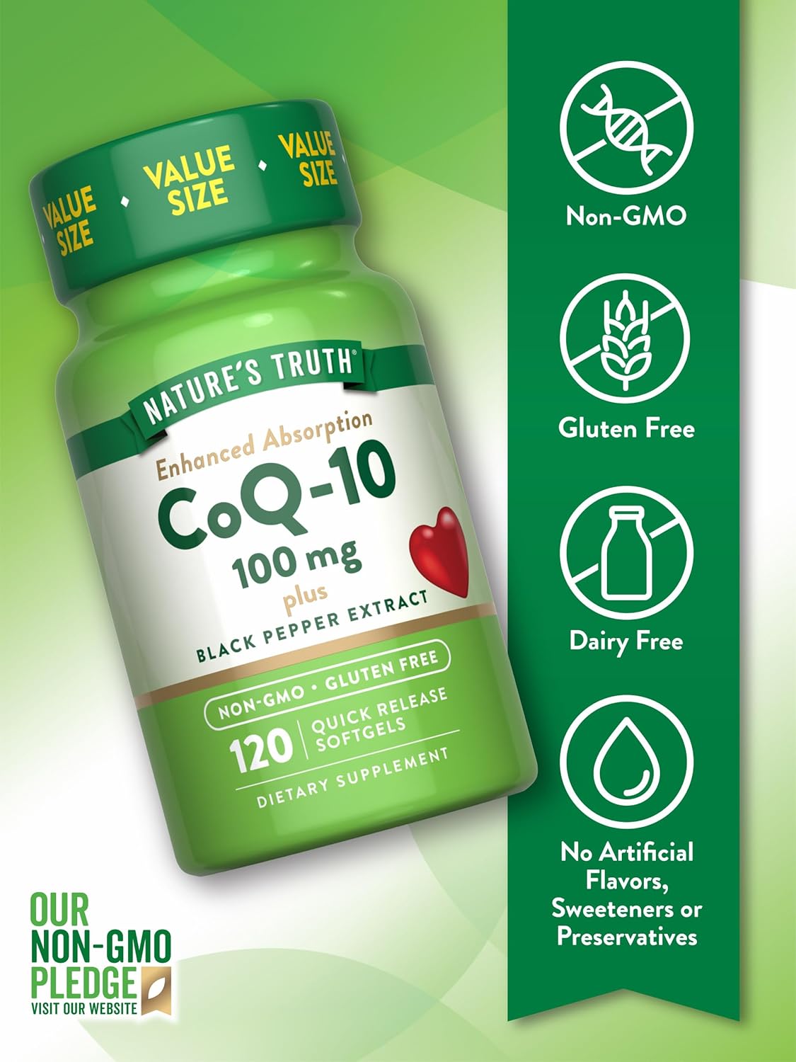 High Absorption CoQ10 100mg Softgels - 120 Count | Non-GMO & Gluten Free with Black Pepper Extract for Enhanced Absorption by Nature's Truth