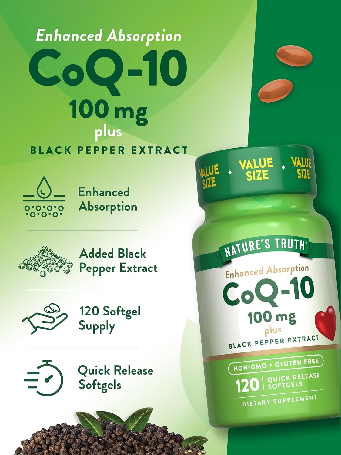 High Absorption CoQ10 100mg Softgels - 120 Count | Non-GMO & Gluten Free with Black Pepper Extract for Enhanced Absorption by Nature's Truth