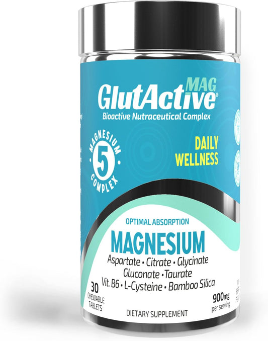 High-Absorption GlutActive MAG Magnesium 750mg Chewable Tablets with 5 Sources - Sugar-Free - 30 Tablets