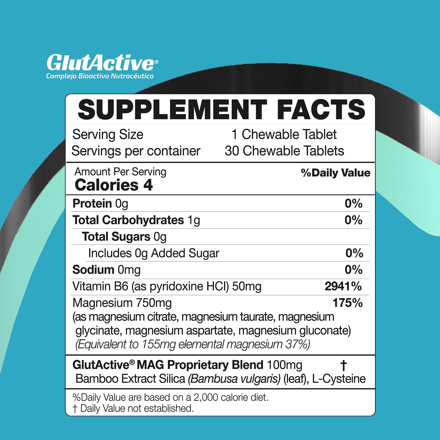 High-Absorption GlutActive MAG Magnesium 750mg Chewable Tablets with 5 Sources - Sugar-Free - 30 Tablets