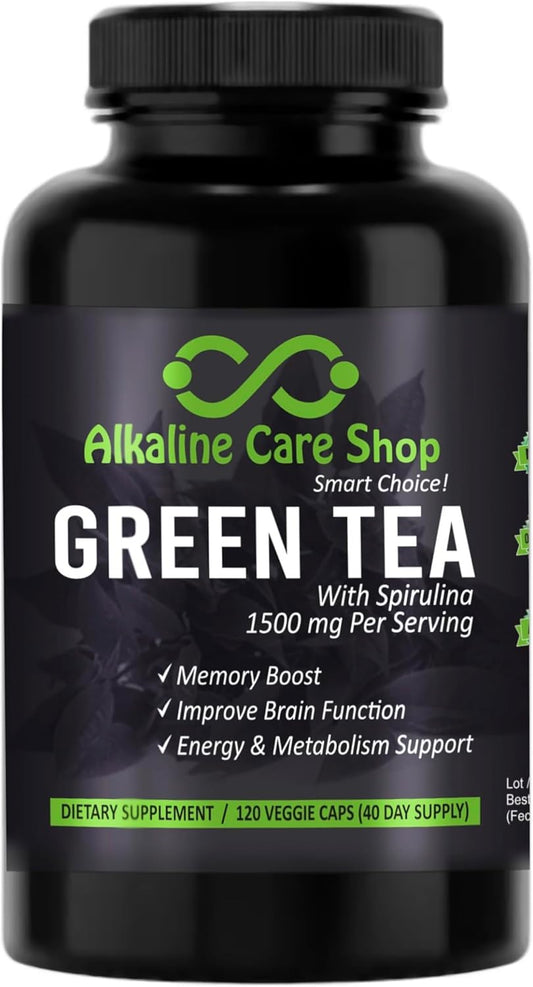 High Absorption Green Tea & Spirulina Extract Capsules - Boost Energy & Metabolism - 1500mg Potent Supplement - Alkaline Care Shop