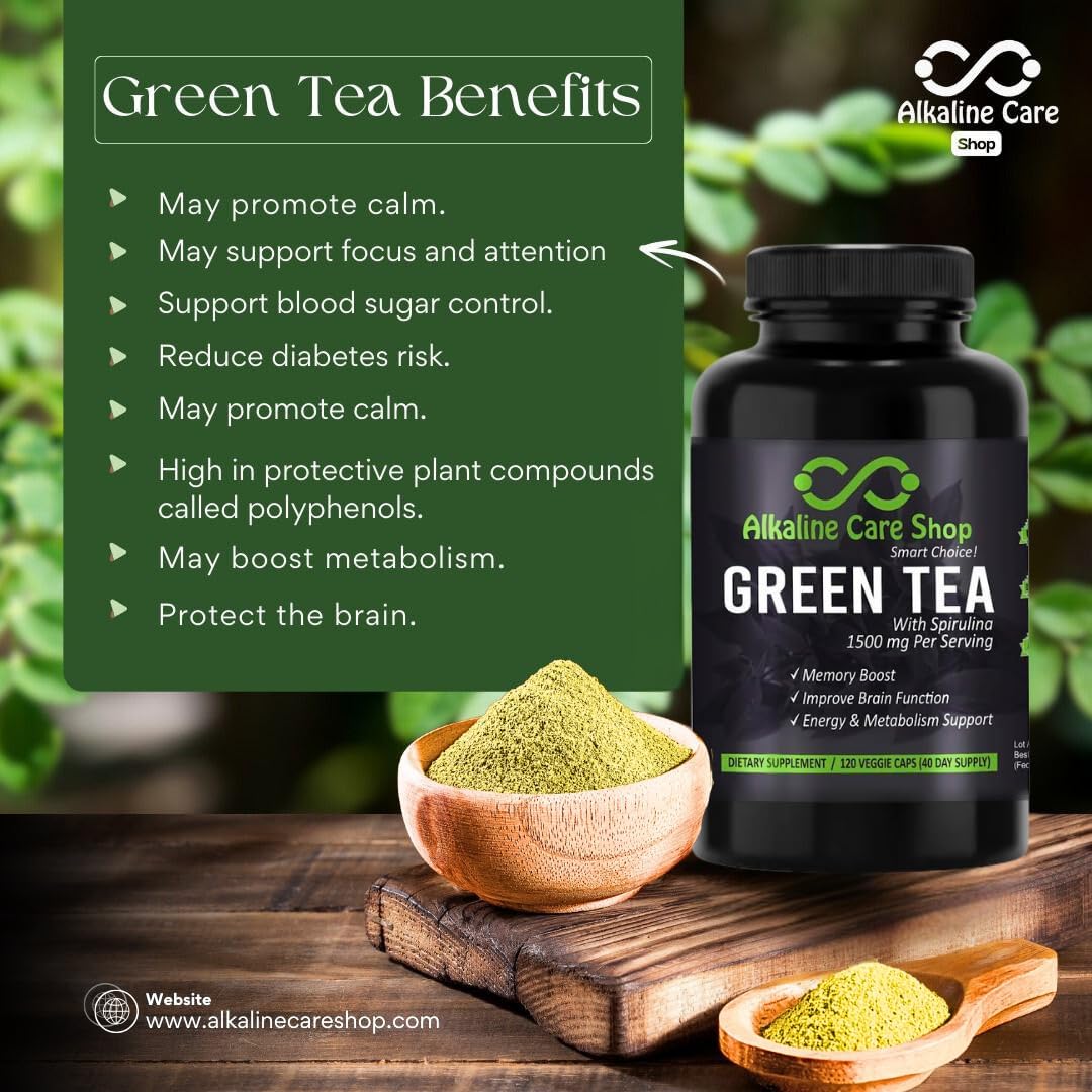 High Absorption Green Tea & Spirulina Extract Capsules - Boost Energy & Metabolism - 1500mg Potent Supplement - Alkaline Care Shop