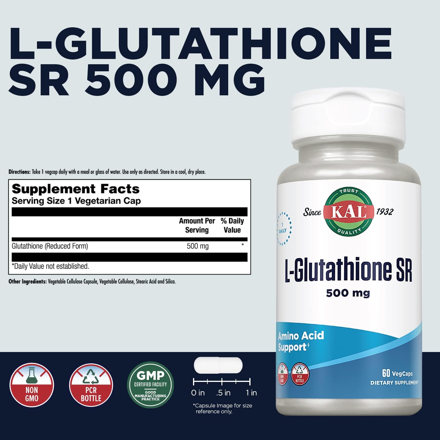 High Absorption KAL L-Glutathione SR Supplement - Lab Verified Antioxidant - 60 Servings - 60 VegCaps - 60-Day Guarantee