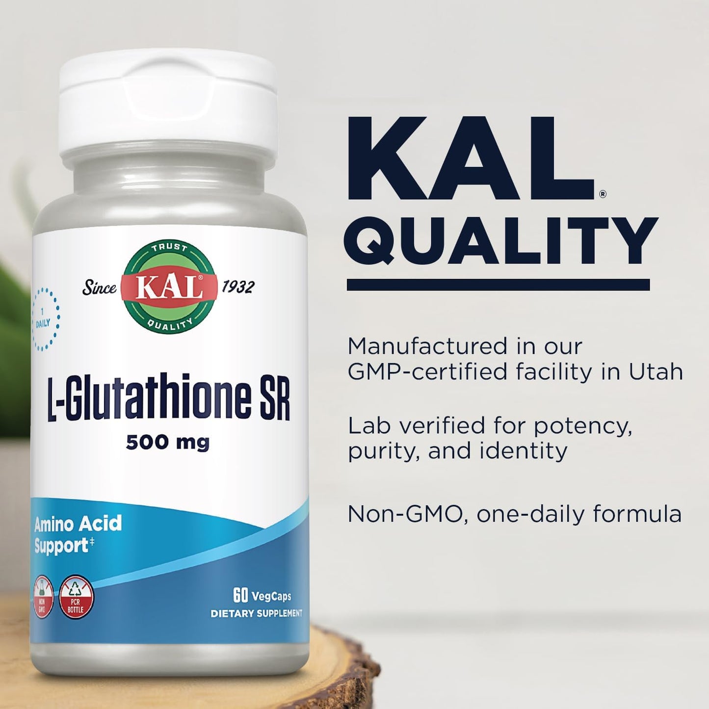 High Absorption KAL L-Glutathione SR Supplement - Lab Verified Antioxidant - 60 Servings - 60 VegCaps - 60-Day Guarantee