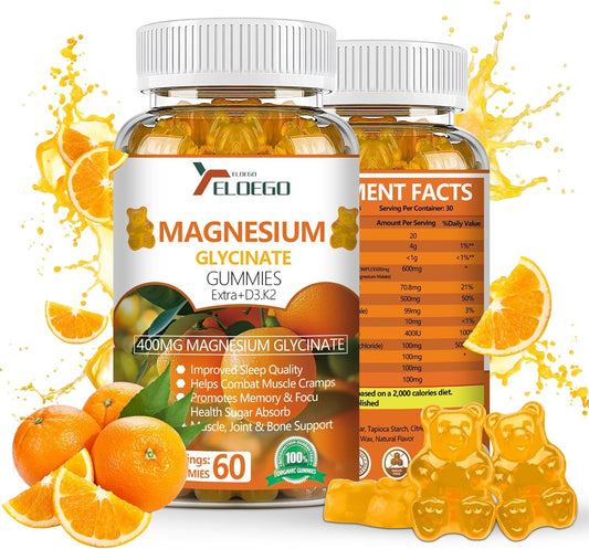 High Absorption Magnesium Gummies 600mg with K2 & D3 for Sleep, Stress Relief, Nerve Support - Orange Flavored (60 CT)