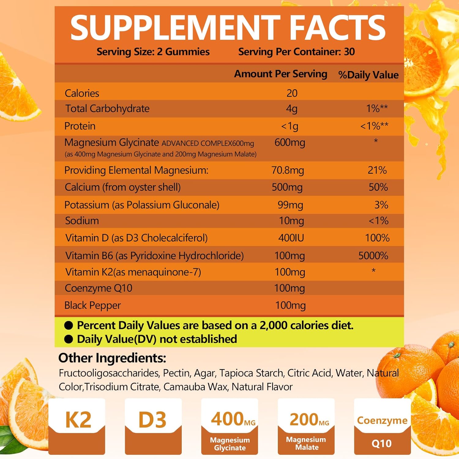 High Absorption Magnesium Gummies 600mg with K2 & D3 for Sleep, Stress Relief, Nerve Support - Orange Flavored (60 CT)