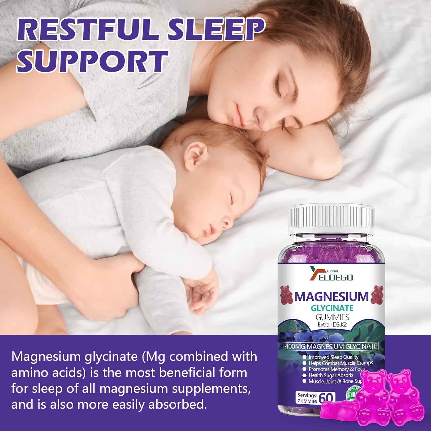High Absorption Magnesium Gummies with K2 & D3 for Sleep, Stress Relief, Nerve Support - 600mg per Serving - Blueberries - 60 CT