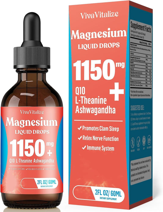 High Absorption Magnesium Liquid Drops with CoQ10, L-Theanine, Ashwagandha, Vitamin D3, B6, B12 - Pineapple Flavor for Sleep and Leg Cramps