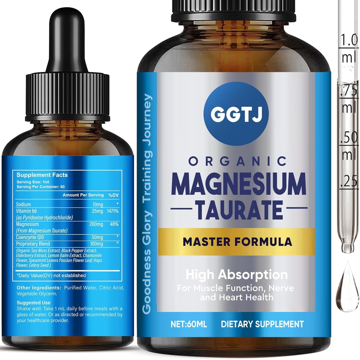 High Absorption Magnesium Taurate Liquid Drops for Cardiovascular, Muscle, and Nerve Health
