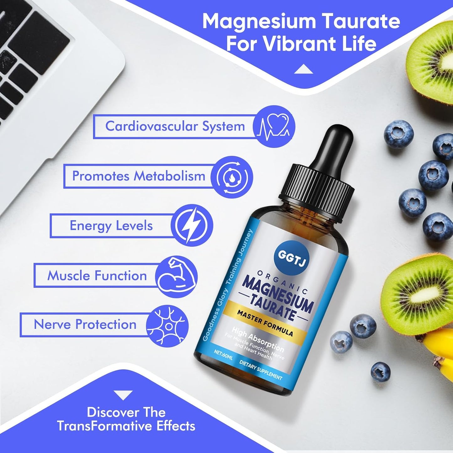 High Absorption Magnesium Taurate Liquid Drops for Cardiovascular, Muscle, and Nerve Health