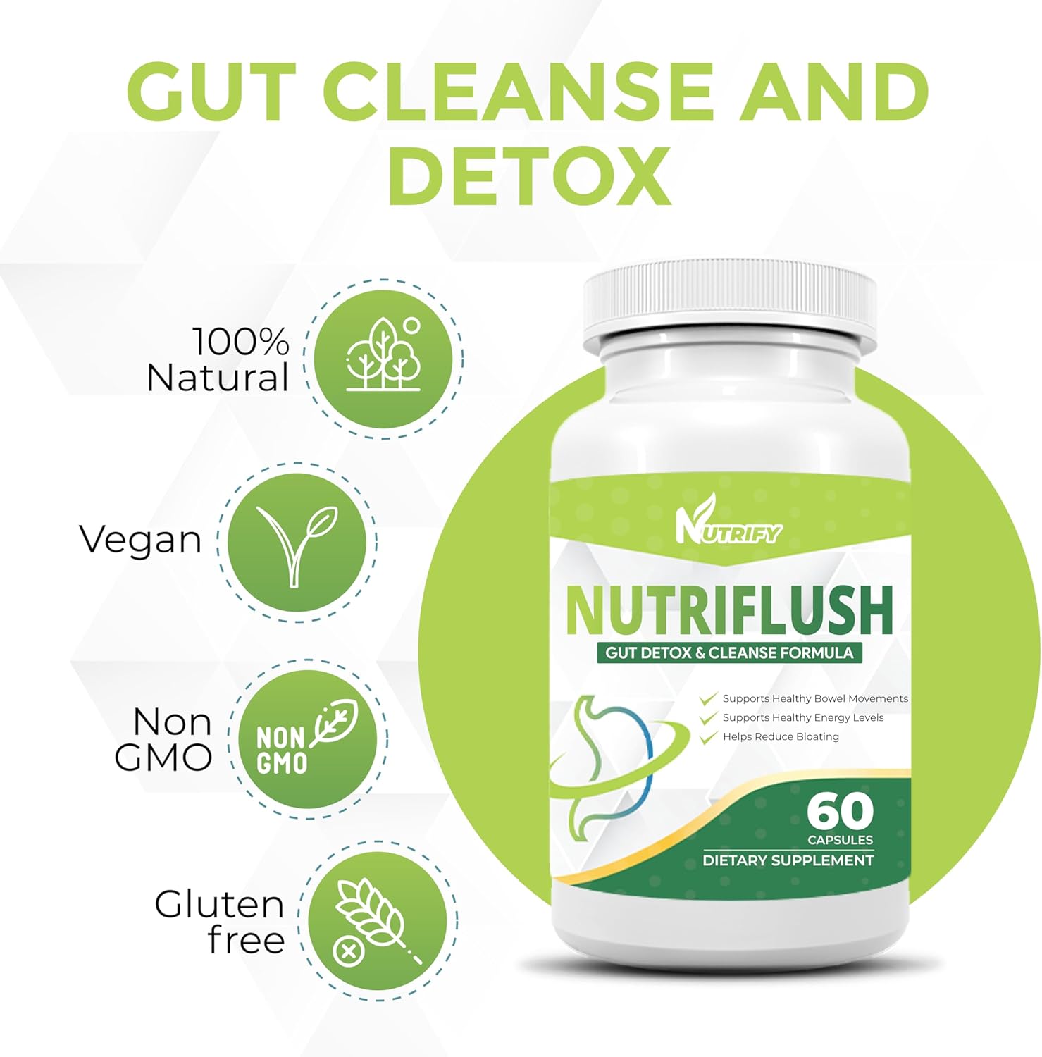 High Absorption NutriFlush Colon Support & Gut Cleanse Formula - GMO Free, Made in USA - Potent Digestive Health Supplement