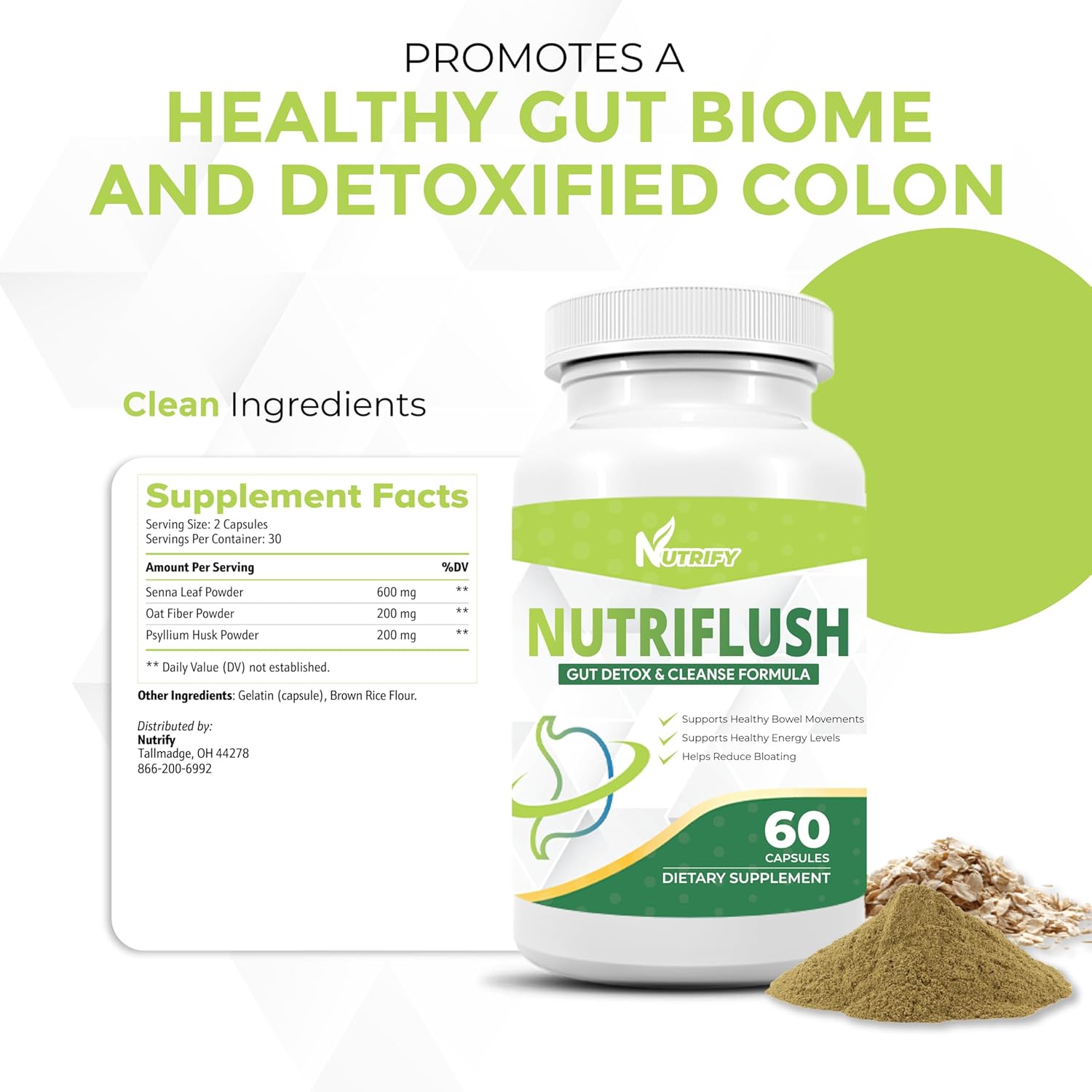 High Absorption NutriFlush Colon Support & Gut Cleanse Formula - GMO Free, Made in USA - Potent Digestive Health Supplement