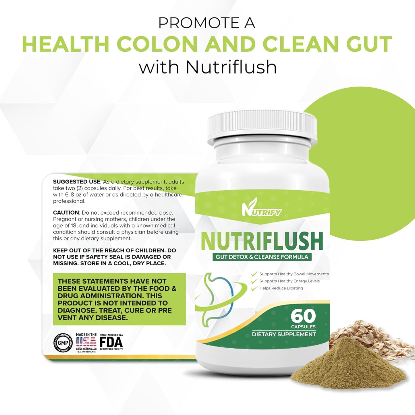 High Absorption NutriFlush Colon Support & Gut Cleanse Formula - GMO Free, Made in USA - Potent Digestive Health Supplement