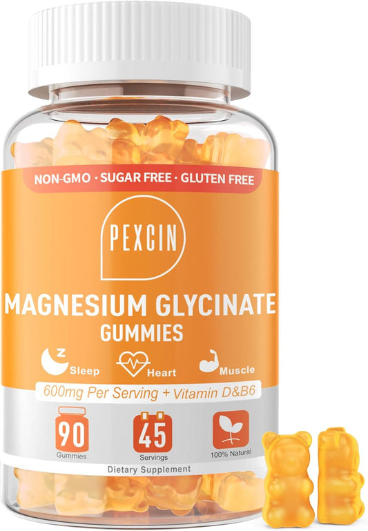 High Absorption PEXCIN Magnesium Glycinate Gummies - 1000mg Complex Supplement for Calm & Better Sleep - Sugar Free, Potassium, Vitamin D&B6 - 90 Counts Orange - Adults & Kids
