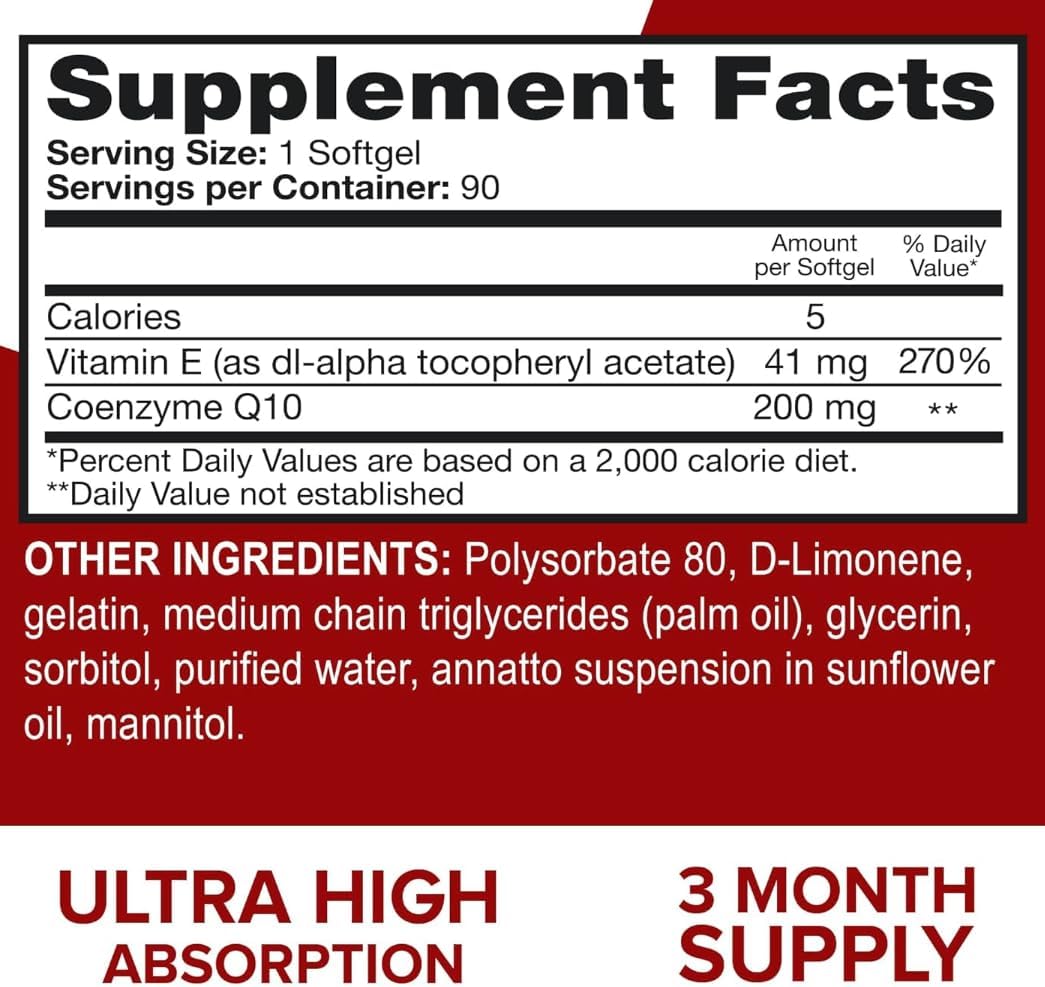 High Absorption Qu-NOL CoQ10 200mg Softgels - Heart Health, Energy Boost, Antioxidant Support - 90 Softgels