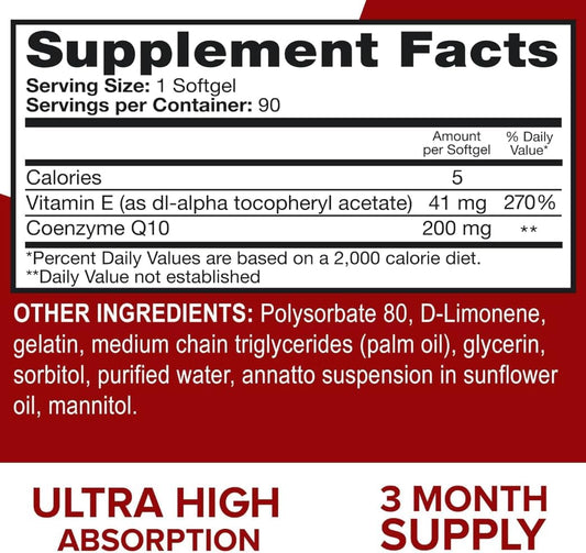 High Absorption Qu-NOL CoQ10 200mg Softgels - Heart Health, Energy Boost, Antioxidant Support - 90 Softgels