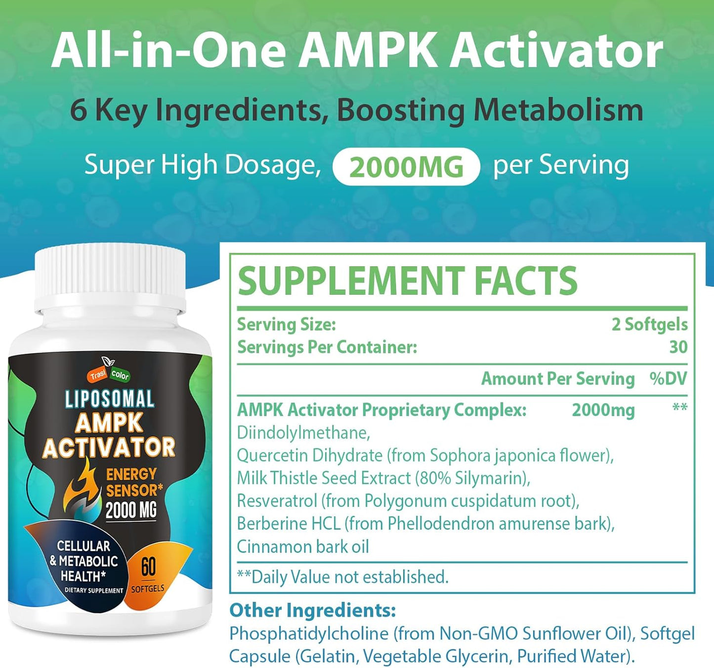 High Absorption Trasicolor AMPK Activator Supplement 2000mg Softgels - Liposomal Technology with Berberine, DIM, Resveratrol, Quercetin, Milk Thistle, Cinnamon - Energy & Cellular Support - 120 Count