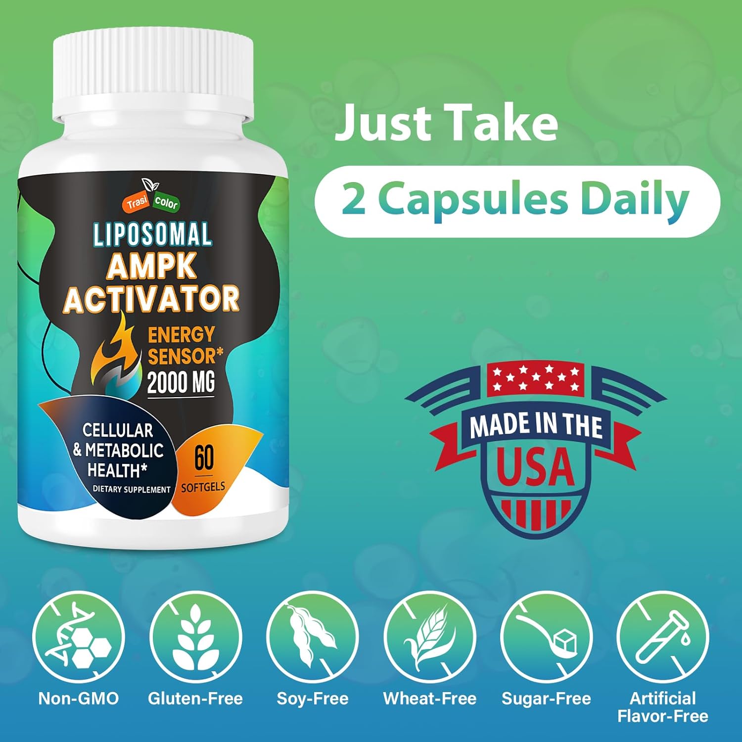 High Absorption Trasicolor AMPK Activator Supplement 2000mg Softgels - Liposomal Technology with Berberine, DIM, Resveratrol, Quercetin, Milk Thistle, Cinnamon - Energy & Cellular Support - 120 Count