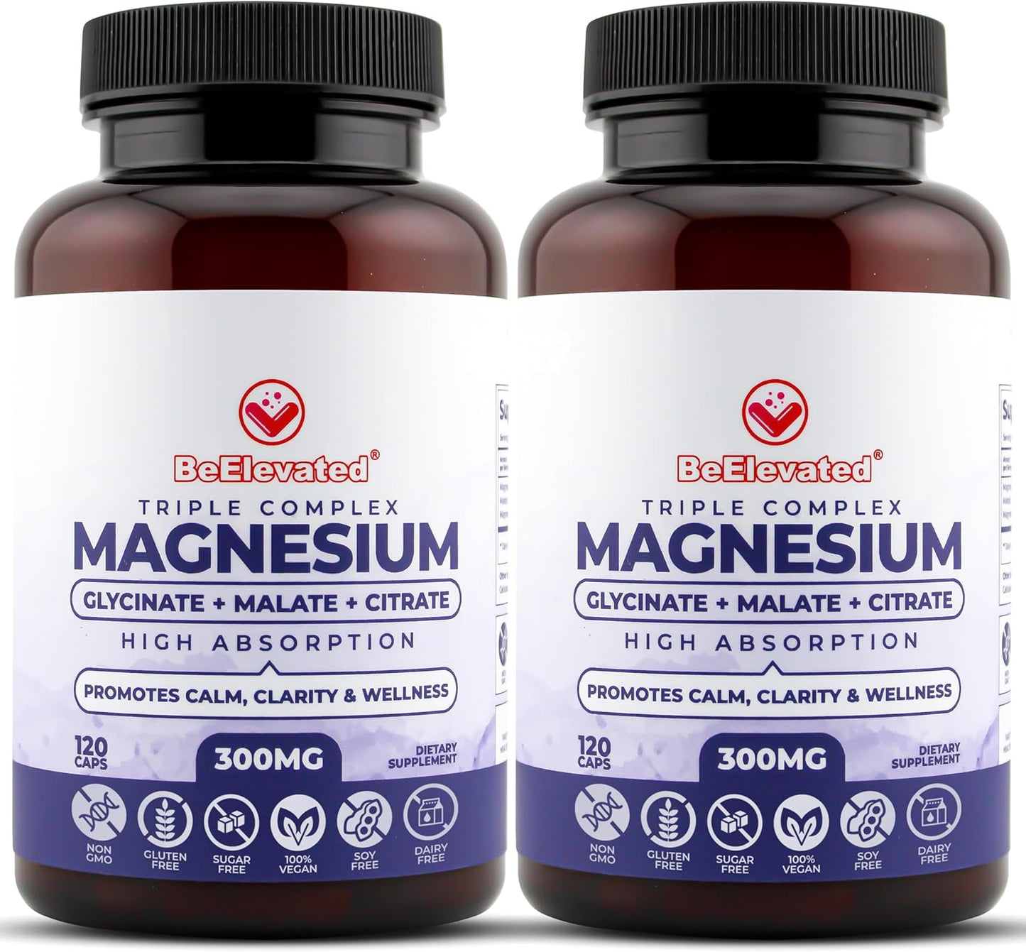 High Absorption Triple Complex Magnesium Supplement for Brain Health, Muscle Recovery & Relaxation - Vegan, Non-GMO (600mg, 2 Pack)