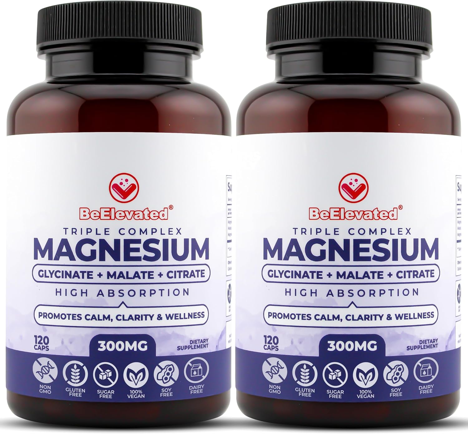 High Absorption Triple Complex Magnesium Supplement for Brain Health, Muscle Recovery & Relaxation - Vegan, Non-GMO (600mg, 2 Pack)