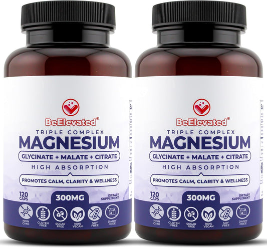 High Absorption Triple Complex Magnesium Supplement for Brain Health, Muscle Recovery & Relaxation - Vegan, Non-GMO (600mg, 2 Pack)