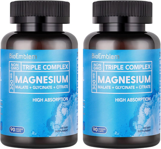High Absorption Triple Magnesium Complex 300mg | Magnesium Glycinate, Malate Supplement for Nerves, Energy, Muscle Health | Vegan, Non-GMO 180 Capsules