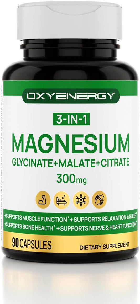 High Absorption Triple Magnesium Complex Supplement with Glycinate Malate Citrate - 90 Capsules, Vegan Formula