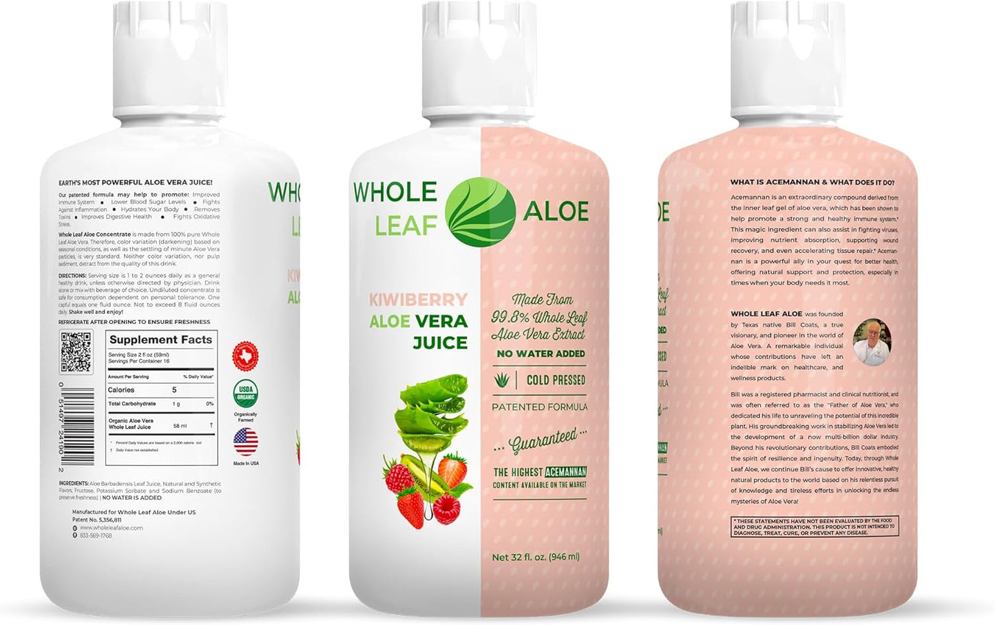 High Acemannan Concentration Aloe Vera Juice Infused with Kiwi Berry - Waterless Patented Formula for Maximum Benefits