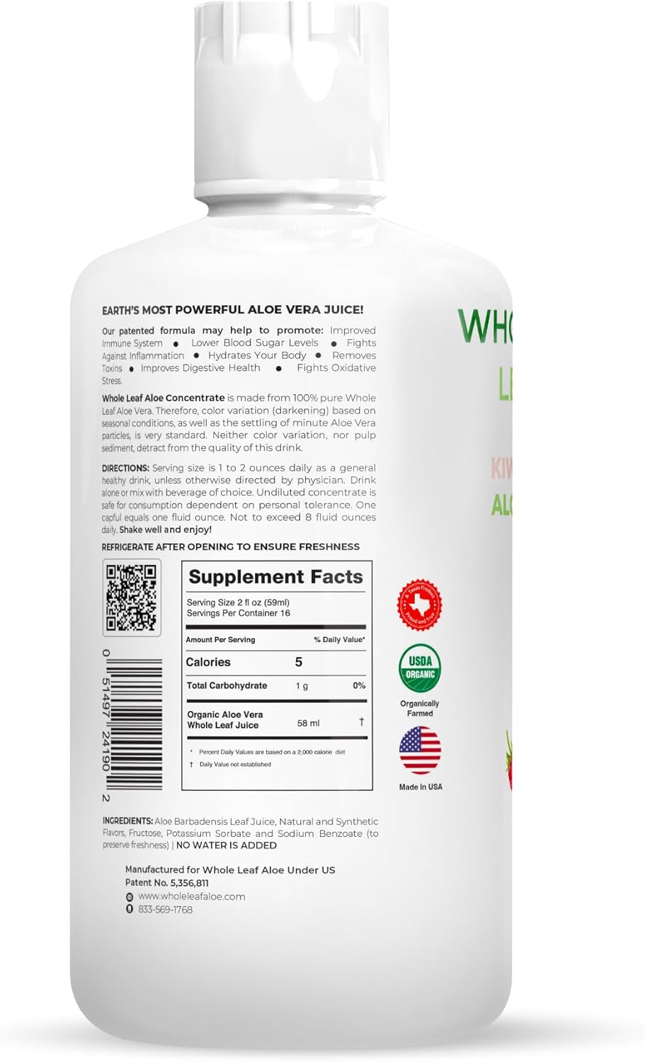 High Acemannan Concentration Aloe Vera Juice Infused with Kiwi Berry - Waterless Patented Formula for Maximum Benefits