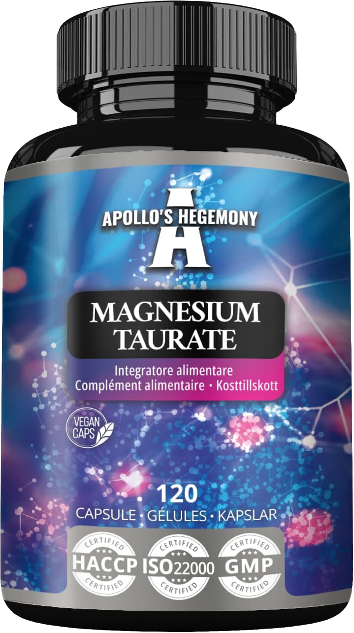 High Bioavailability Magnesium Taurate Capsules - 120 Vegan, 1000mg Daily Dose - 4 Month Supply - Energy Metabolism & Nerve Function Support by Apollo's Hegemony