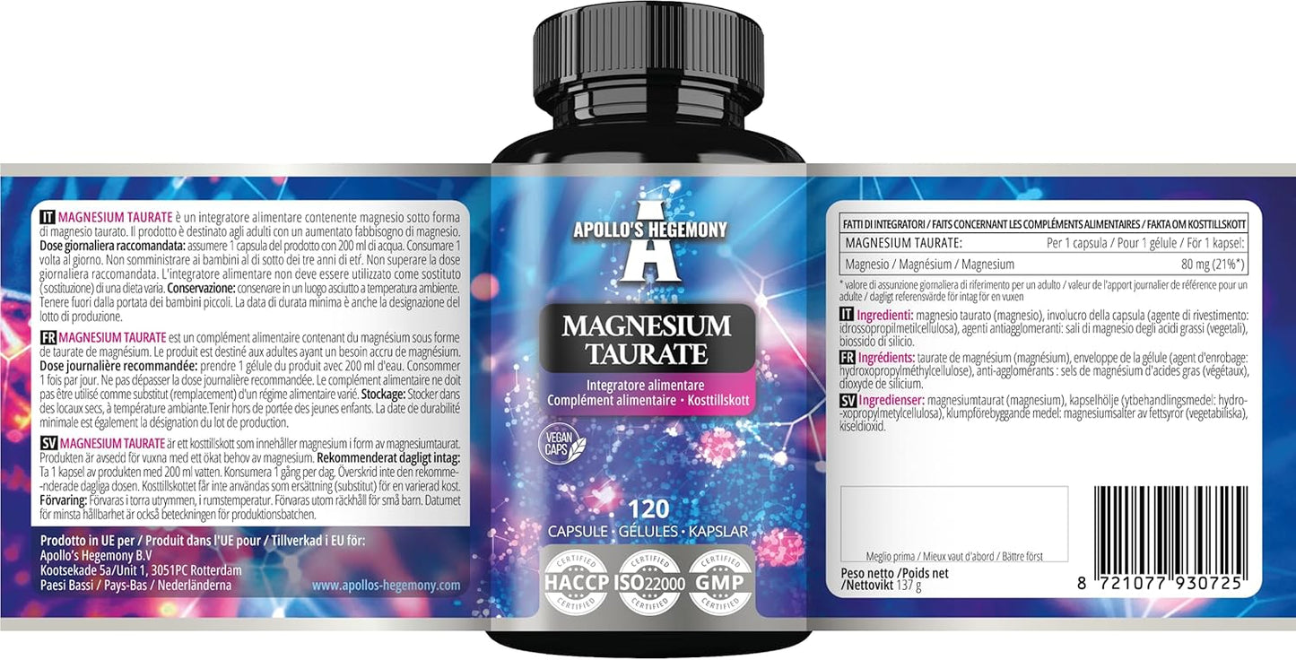 High Bioavailability Magnesium Taurate Capsules - 120 Vegan, 1000mg Daily Dose - 4 Month Supply - Energy Metabolism & Nerve Function Support by Apollo's Hegemony