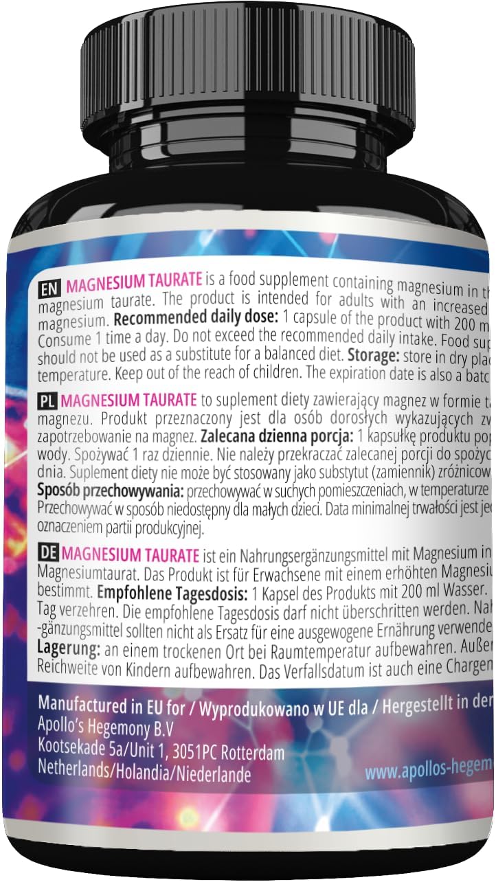 High Bioavailability Magnesium Taurate Capsules - 120 Vegan, 1000mg Daily Dose - 4 Month Supply - Energy Metabolism & Nerve Function Support by Apollo's Hegemony