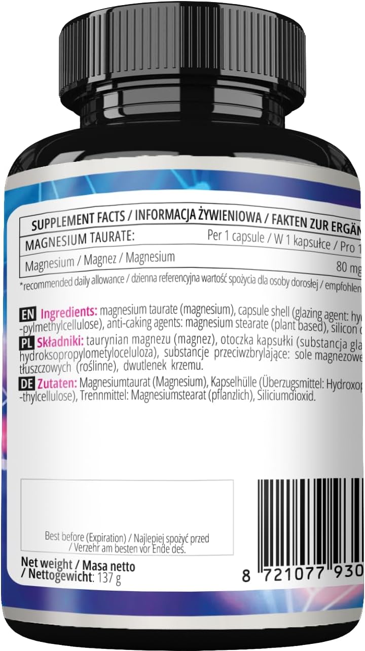 High Bioavailability Magnesium Taurate Capsules - 120 Vegan, 1000mg Daily Dose - 4 Month Supply - Energy Metabolism & Nerve Function Support by Apollo's Hegemony