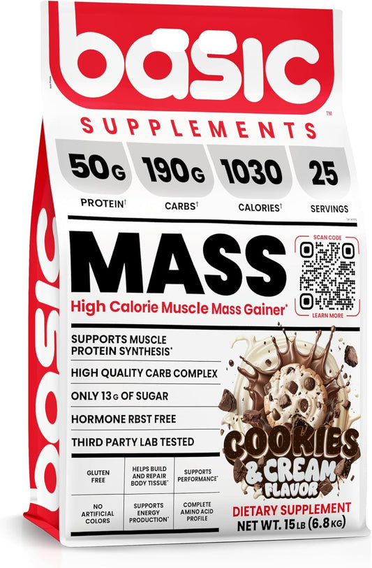 High-Calorie Mass Gainer Protein Powder for Muscle Growth & Recovery - 50g Protein, 190g Carbs, 1030 Calories - Gluten & RBST-Free - No Artificial Colors - Cookies and Cream Flavor - 15lb