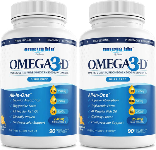 High Concentration Omega BLU Triple Strength Fish Oil with Vitamin D3 - 2750mg, 50mcg, 1500mg EPA, 680mg DHA - Heart & Cholesterol Support - No Burps - 90 Servings