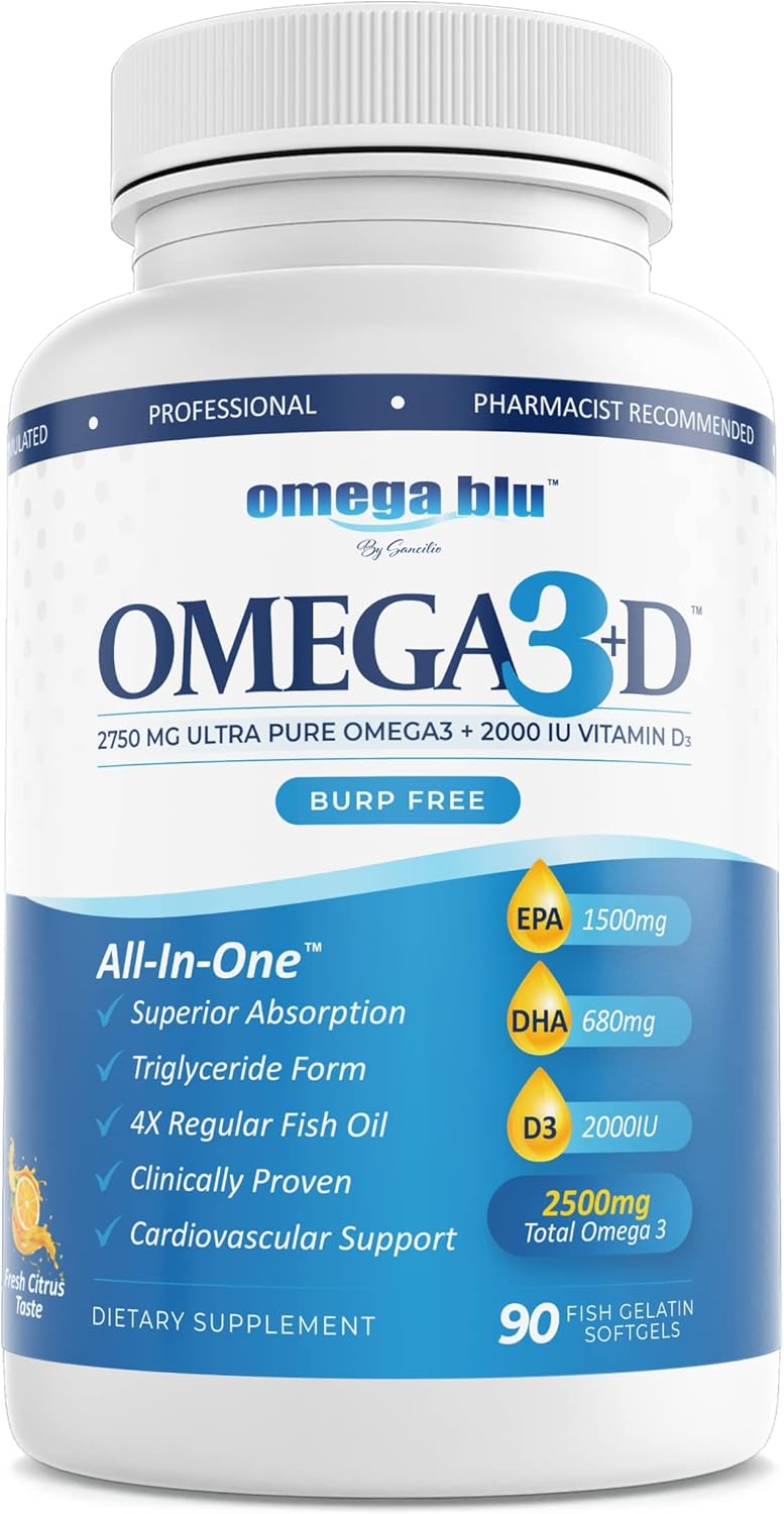 High Concentration Omega BLU Triple Strength Fish Oil with Vitamin D3 - 2750mg, 50mcg, 1500mg EPA, 680mg DHA - Heart & Cholesterol Support - No Burps - 90 Servings