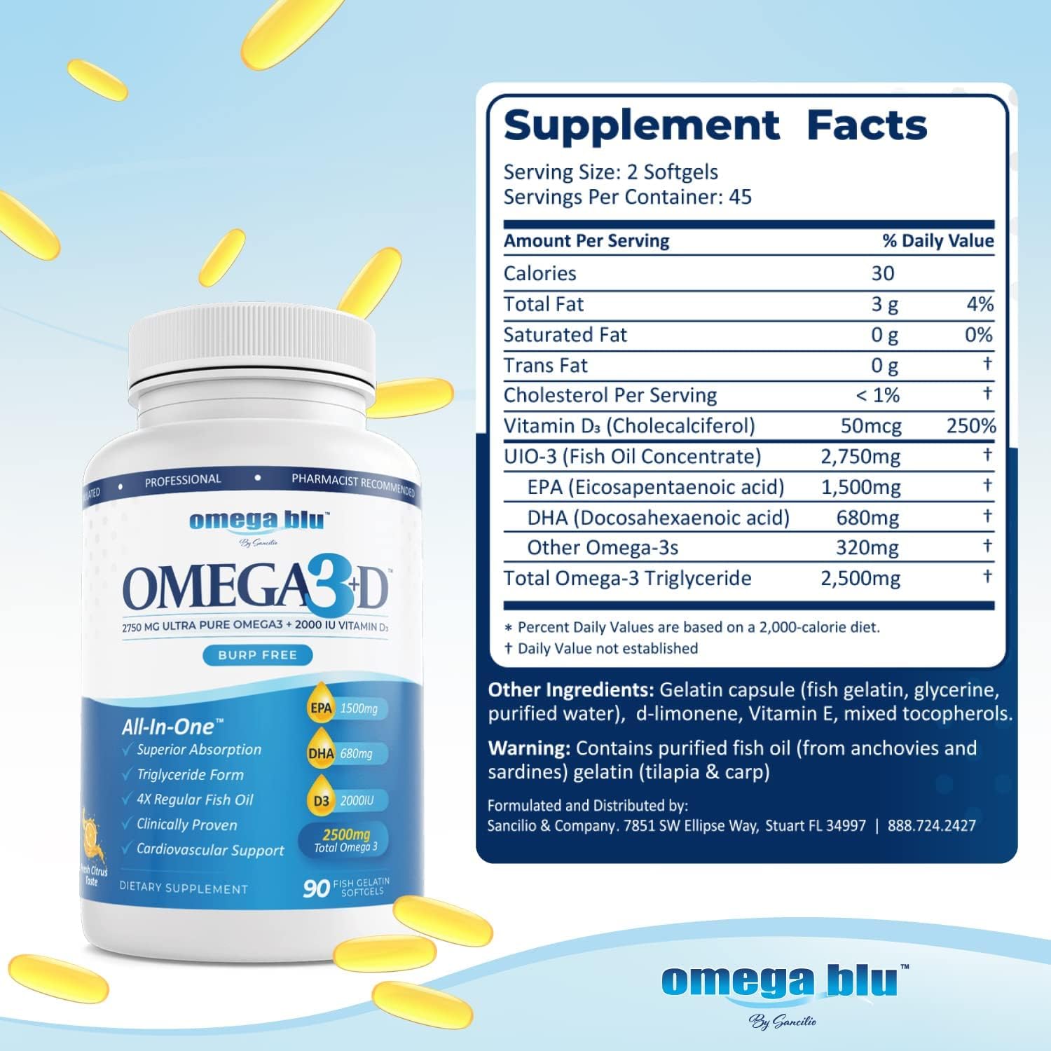 High Concentration Omega BLU Triple Strength Fish Oil with Vitamin D3 - 2750mg, 50mcg, 1500mg EPA, 680mg DHA - Heart & Cholesterol Support - No Burps - 90 Servings