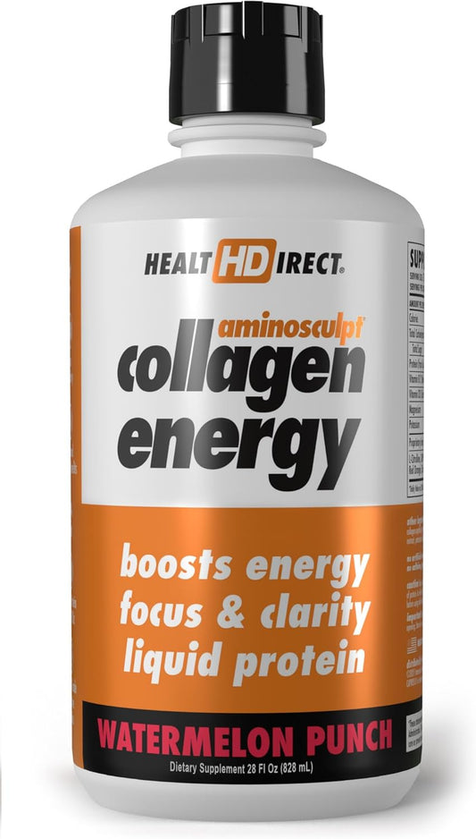 High-Energy Liquid Collagen: AminoSculpt Collagen Energy Watermelon Punch - 28 Fl Oz - Boosts Energy, Focus, and Clarity - Supports Hair, Skin, and Nails