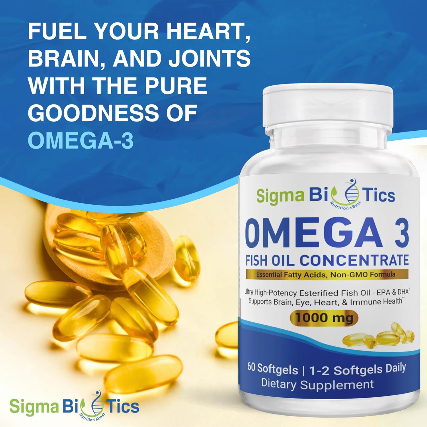 High EPA & DHA Concentration Omega 3 Fish Oil Supplements for Heart, Brain & Joint Health - Non-GMO, Purity-Tested - 60 Softgels