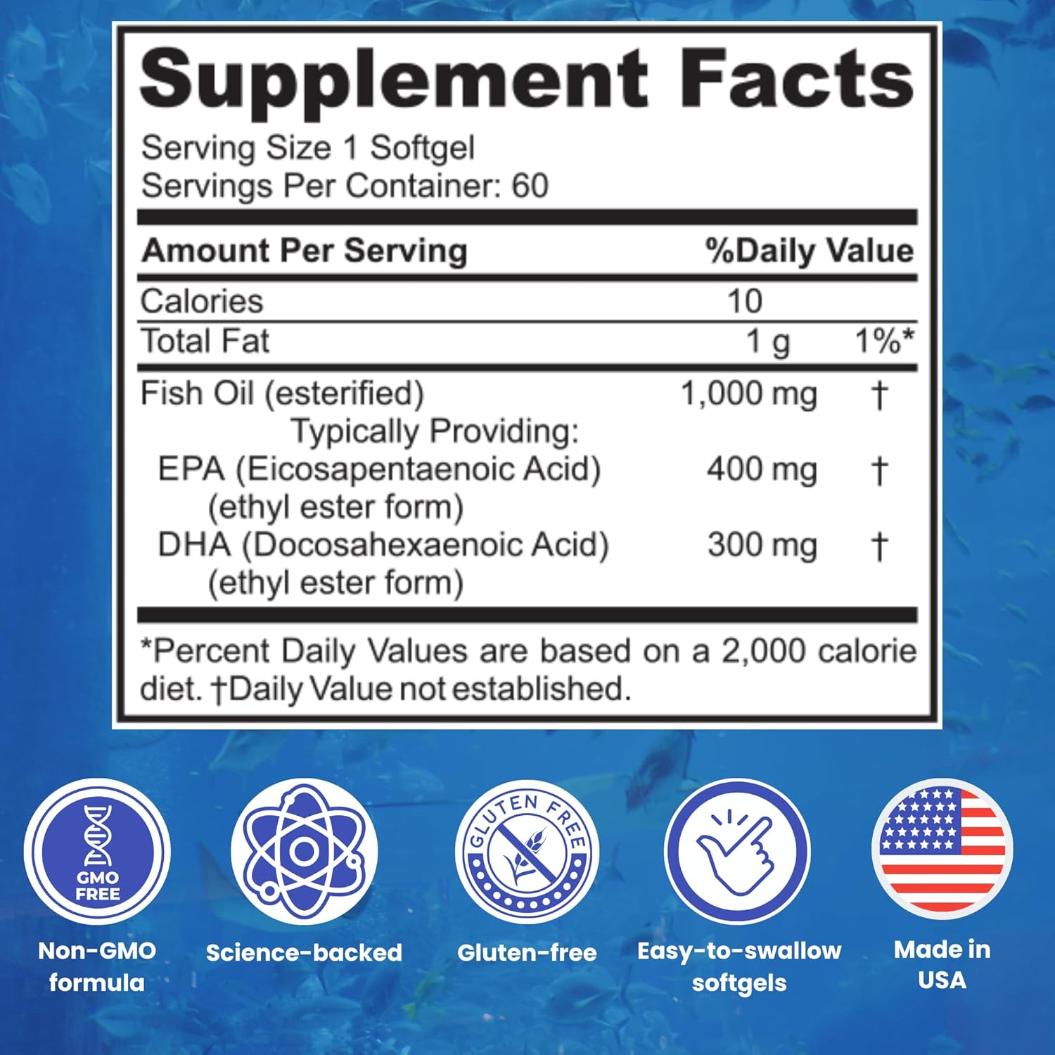 High EPA & DHA Concentration Omega 3 Fish Oil Supplements for Heart, Brain & Joint Health - Non-GMO, Purity-Tested - 60 Softgels